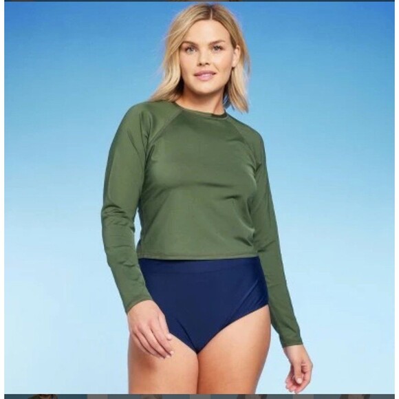Women's UPF 50 Cropped Crewneck Long Sleeve Rash Guard - Kona Sol Olive Green XL - Picture 1 of 5